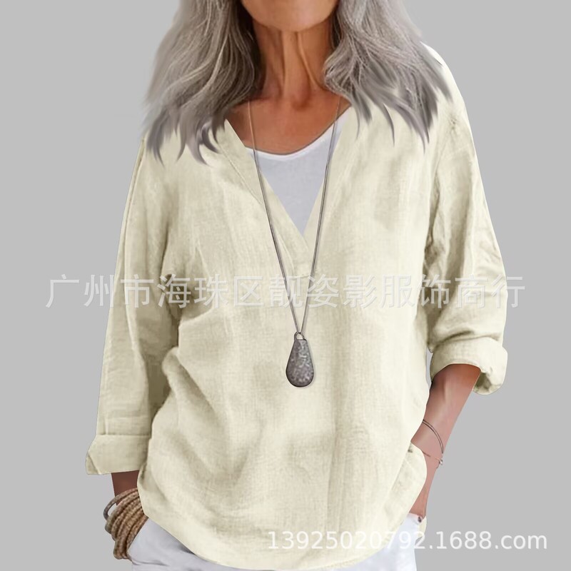 Cross-border Europe and the United States 2025 Spring and Summer New plus size Casual V-neck Long Sleeve Solid Color Cotton and Linen Shirt for Women
