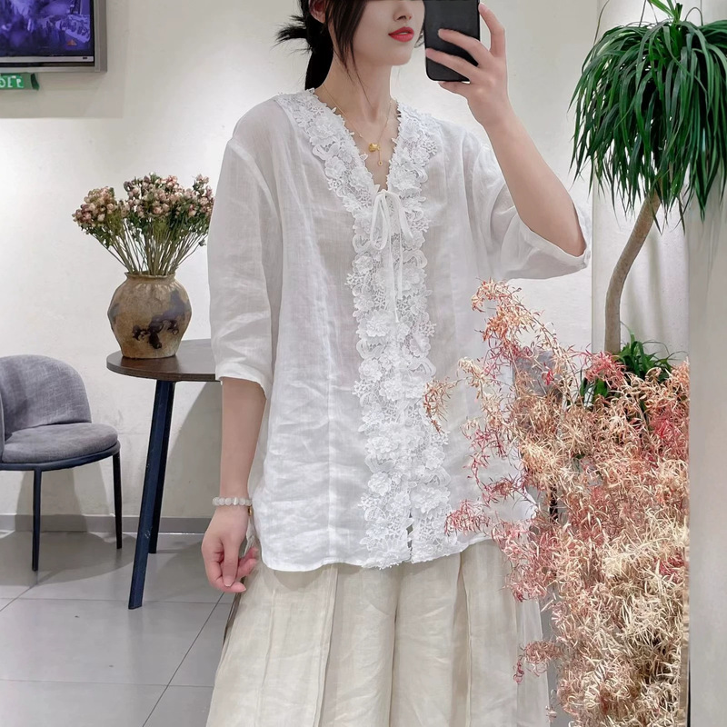 2026 New Summer Style Ramie Shirt, Chinese-Style V-Neck with Lace-Up Trim, Three-Quarter Sleeve Ramie Cardigan Shirt for Women 2026 New Summer Style Ramie Shirt, Chinese-Style V-Neck with Lace-Up Trim, Three-Quarter Sleeve Ramie Cardigan Shirt for Women