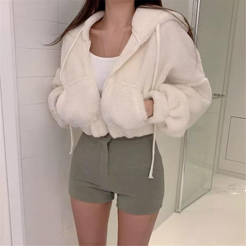 Korean-style Hong Kong-style Imitation Lamb Velvet Hoodie Cardigan Women's Autumn and Winter Thickened Short Top Short Coat Korean-style Hong Kong-style Imitation Lamb Velvet Hoodie Cardigan Women's Autumn and Winter Thickened Short Top Short Coat