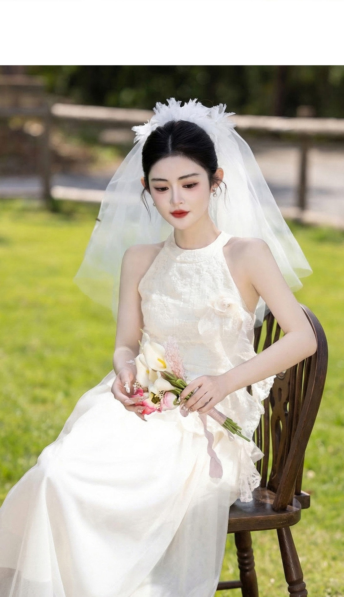 Đầm trắng dáng suông midi cổ yếm tay không – váy cưới đơn giản đi đăng ký kết hôn mùa hè — Trắng chi tiết 9