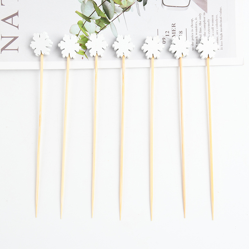 Mayorista desechable copo de nieve blanca horquilla de dibujos animados palillos de dientes palillos de frutas artísticos palillos de bambú dibujos animados pesca de frutas