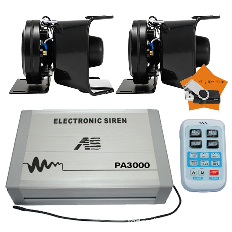 PA3000 car-mounted wireless siren and loudspeaker with high-pitched alarm, USB drive, and MP3 function + Black Hawk speaker