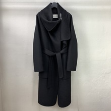 黑色皮扣斗篷式腰带大翻领长款外套秋冬欧美气质风双面羊毛呢大衣