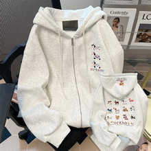 日系刺绣花小狗连帽卫衣女2025春秋冬季慵懒加绒加厚连帽开衫外套