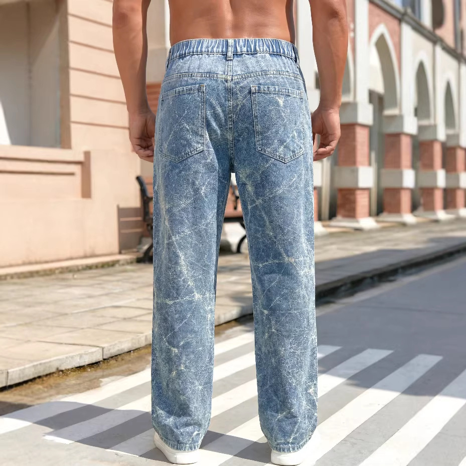 Men's Trendy Versatile Tie Dye Jacquard Wide Leg Straight Leg Jeans Autumn Winter Retro Washed Denim_mkmklike.com