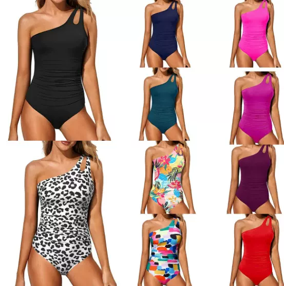 2025新款欧美连体游泳衣女亚马逊性感单肩镂空修身显瘦一体式泳装