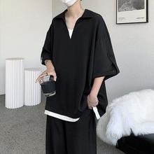 冰丝v领短袖衬衫男款中式男装感垂感雪纺衬衣假两件七分袖T恤黑色