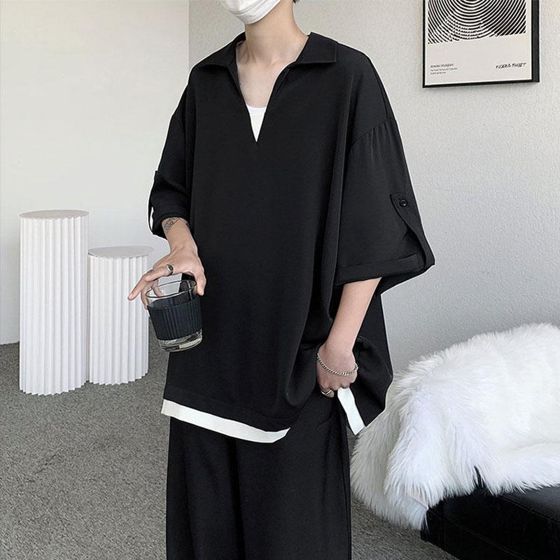 冰丝v领短袖衬衫男款中式男装感垂感雪纺衬衣假两件七分袖T恤黑色