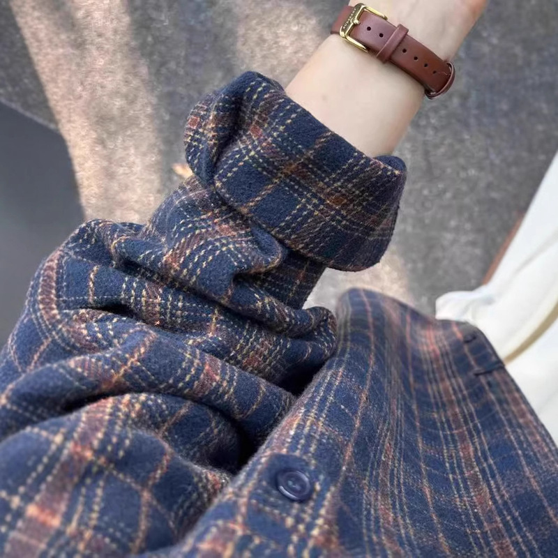 Sanding Cotton Plaid Shirt 2025 New Women's Retro High-end Shirt Inner Layered Top Autumn and Winter Thin Coat Sanding Cotton Plaid Shirt 2025 New Women's Retro High-end Shirt Inner Layered Top Autumn and Winter Thin Coat
