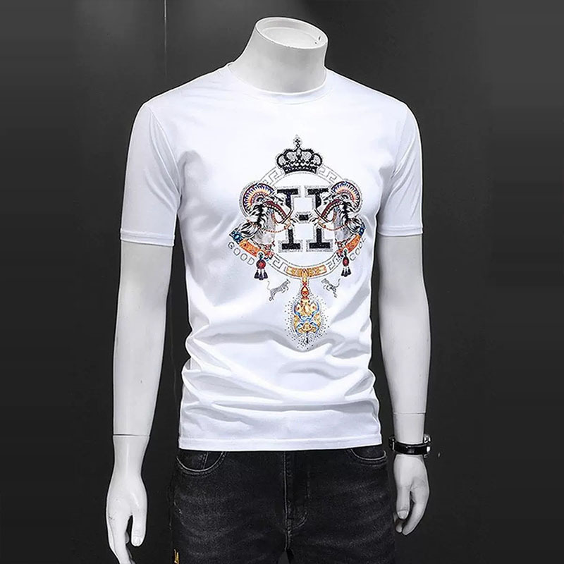 2026 New Model Men's Mercerized Cotton Short-Sleeve T-Shirt Summer Fashion Brand European Style Top with Rhinestones Round Neck Half-Sleeve 2026 New Model Men's Mercerized Cotton Short-Sleeve T-Shirt Summer Fashion Brand European Style Top with Rhinestones Round Neck Half-Sleeve