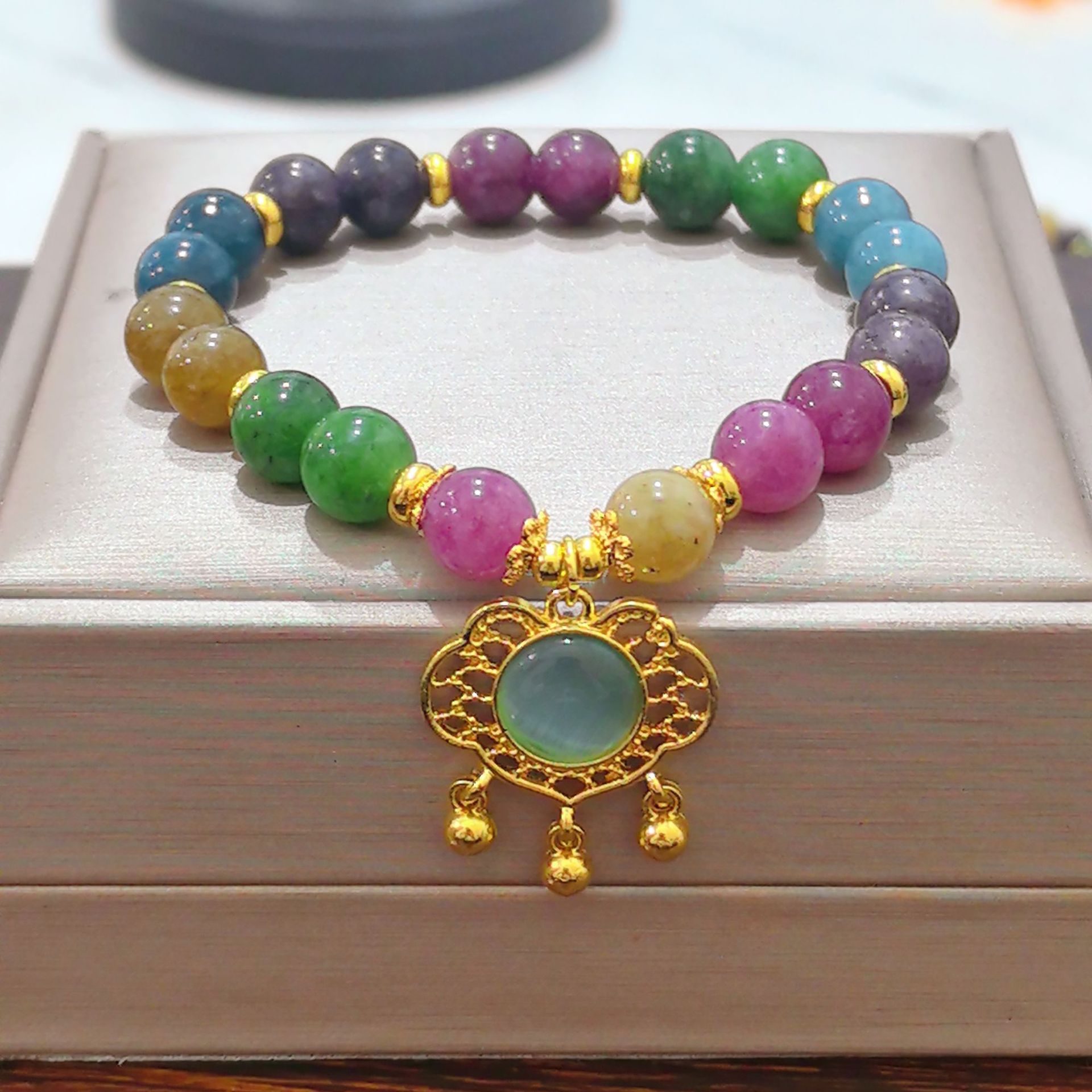 新款人造碧璽手鍊ins小眾設計如意鎖吊墜碧璽水晶手串送女友禮物