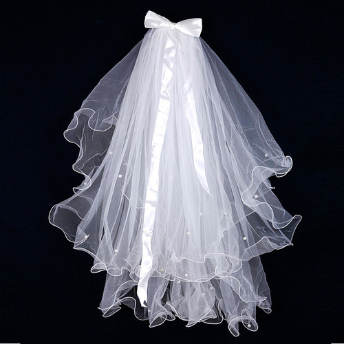Bride with loose hair, double-layered pearl ribbon bow veil, curly edge, internet celebrity photo-taking headgear, children's luminous veil