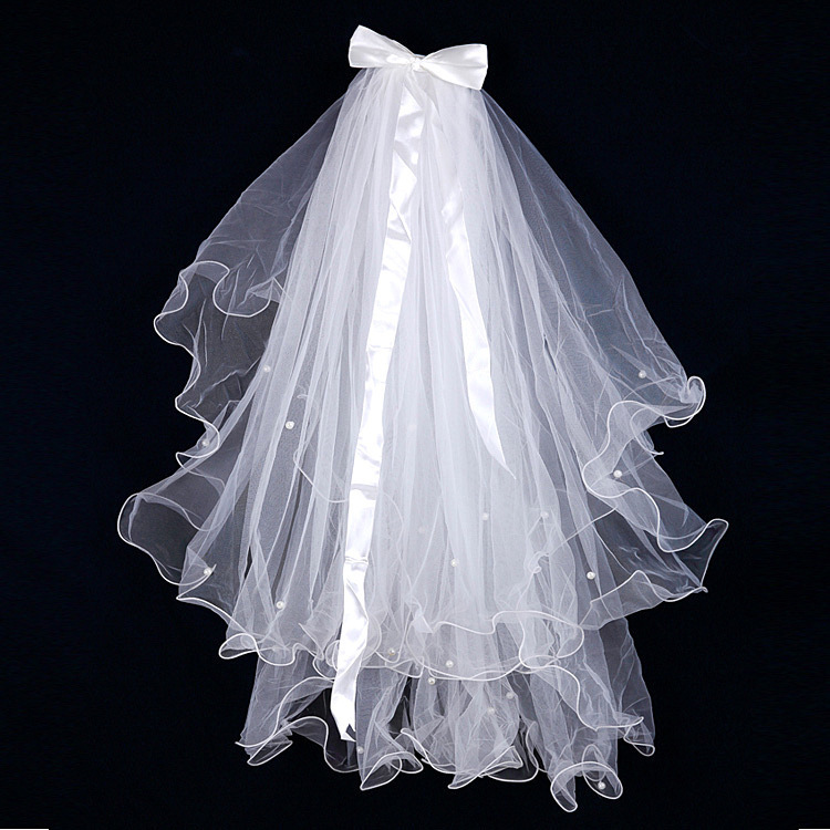 Hair Bride Double-layer Pearl Ribbon Bow Heading Veil Curl Internet Celebrity Photo Headwear Children's Glow Heading Veil