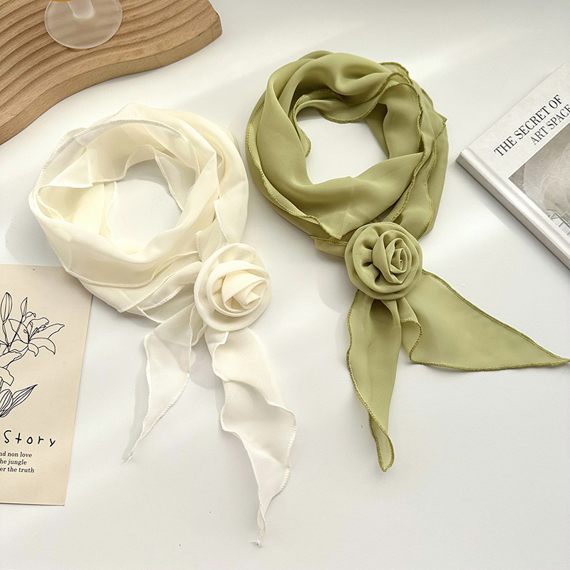 Pañuelo de seda para mujer primavera y verano nuevo estilo flor rosa color sólido estilo fino temperamento salvaje moda transmisión en vivo cinta pequeña bufanda