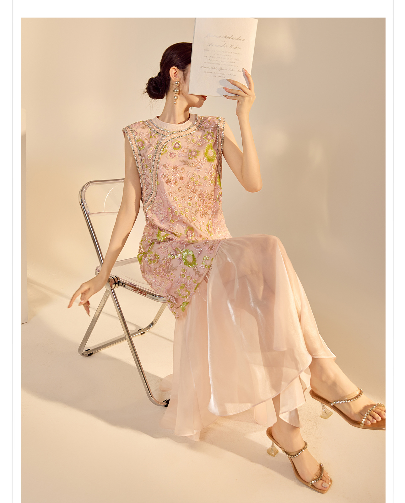 Váy sườn xám maxi thêu sequin phong cách Trung Quốc mới mùa hè N5042 — hồng, Xanh lam sông băng chi tiết 26