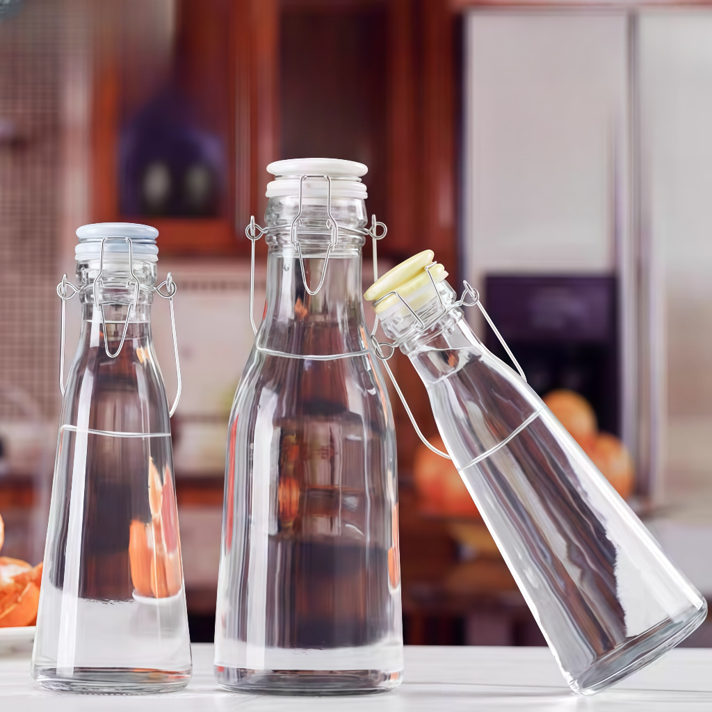 亚马逊玻璃奶茶瓶提手牛奶瓶卡扣酵素葡萄酒果汁饮料密封泡酒瓶