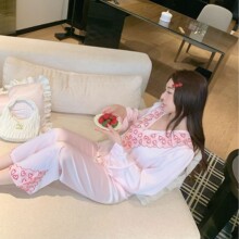 冰丝睡衣女两件套蕾丝V领性感春秋季长袖高奢大码可外穿睡衣套装