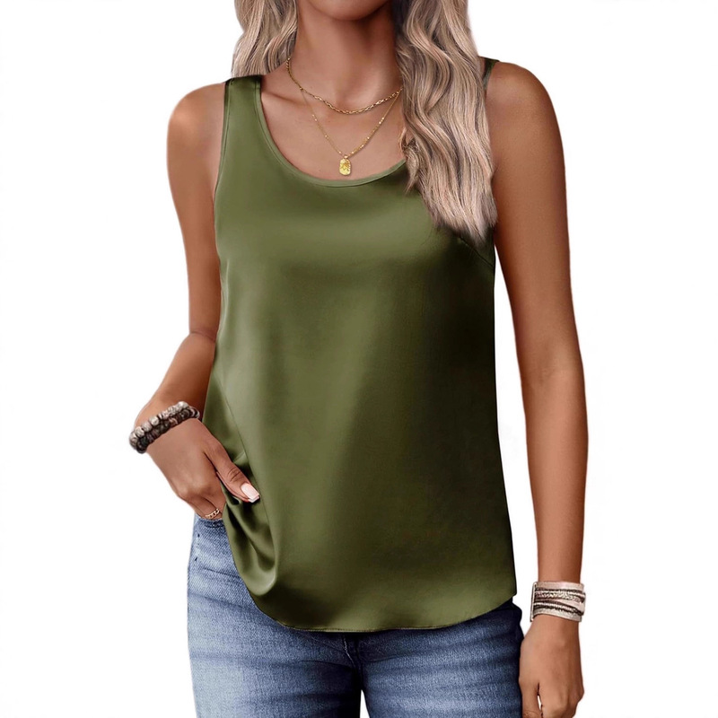 2026 Summer Cross-Border Amazon Women's Camisole Top Satin Large Round Neck Shirt Sleeveless Basic Style