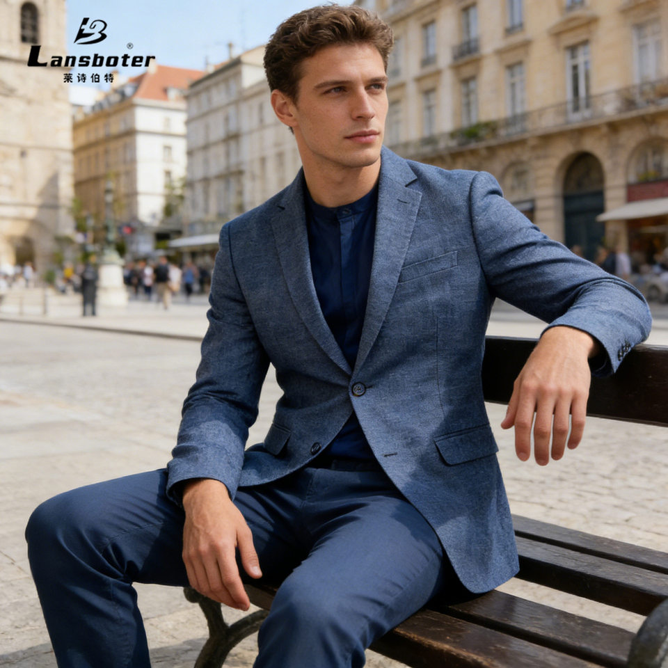 Bộ vest nam công sở không nhăn dáng ôm hai món, áo vest cổ bẻ phẳng một hàng hai cúc — Áo màu xanh dương, Màu xanh dương (áo + quần tây)