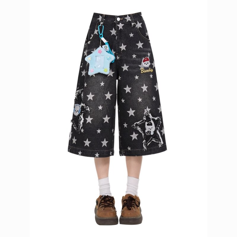 Chao Li Youhuo Star Embroidery Cropped Doggy Denim Pants High Waist Slimming Loose Straight Summer Pants Chao Li Youhuo Star Embroidery Cropped Doggy Denim Pants High Waist Slimming Loose Straight Summer Pants