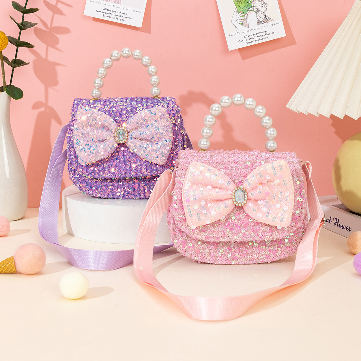Korean Style Children's Bag, Cute Girl's Crossbody Bag, Bow Pearl Handbag, Sequin Crystal Patch