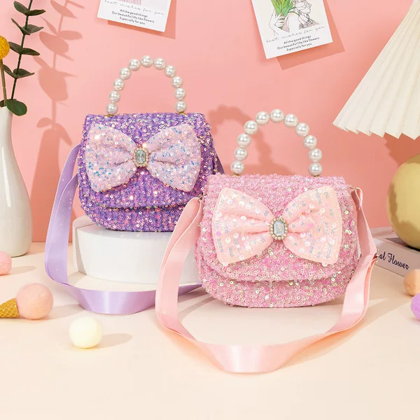 Korean Style Children's Bag, Cute Girl's Crossbody Bag, Bow Pearl Handbag, Sequin Crystal Patch