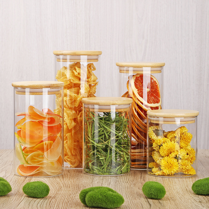 Tanque de almacenamiento con tapa de bambú y madera Tanque de almacenamiento de vidrio Tanque de té sellado Tanque de almacenamiento transparente Tanque de almacenamiento de clasificación de cocina