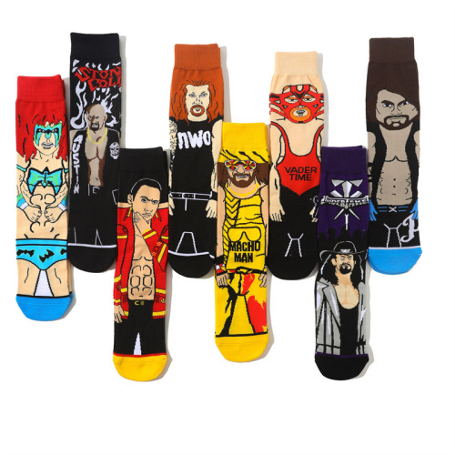 Men's wholesale cartoon sports men's socks cotton mid-calf women's sports European and American style socks cross-border wrestler trendy socks four seasons socks