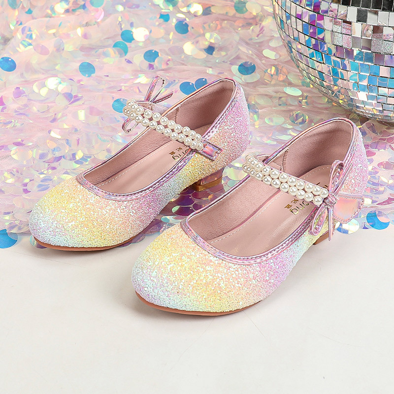 Fashion Gorgeous Crystal Princess Shoes Gradient Color-block British Princess Style Crystal Shoes Fairy Girl's Leather Shoes