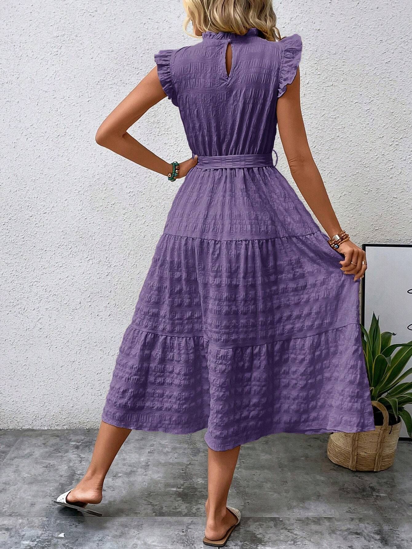 Frau Normales Kleid Strassenmode Überbackener Ausschnitt Kopfsalat Trimmen Ärmellos Einfarbig Midi-Kleid Täglich display picture 5