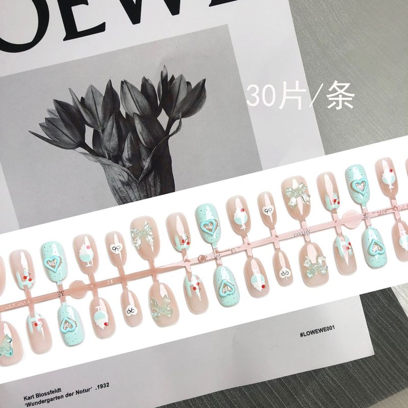 夏日小清新半手工杏仁型穿戴甲温柔可爱童趣美甲贴片薄荷绿冰激凌|undefined
