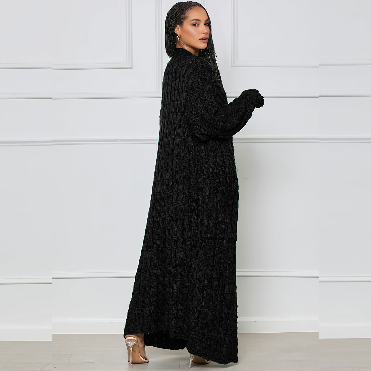 Damen Strickjacke Lang Aus Grobstrick In Unifarben Wintermantel_voghion.com