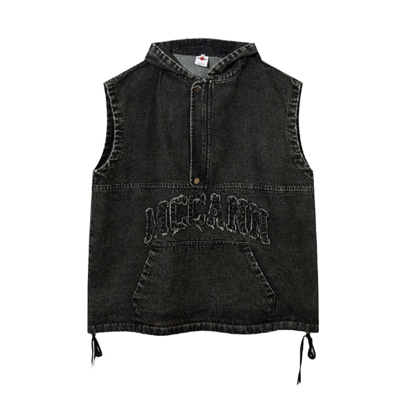 Men's Clothing retro letter patch washed hooded vest men's loose bf denim jacket vest denim_mkmklike.com