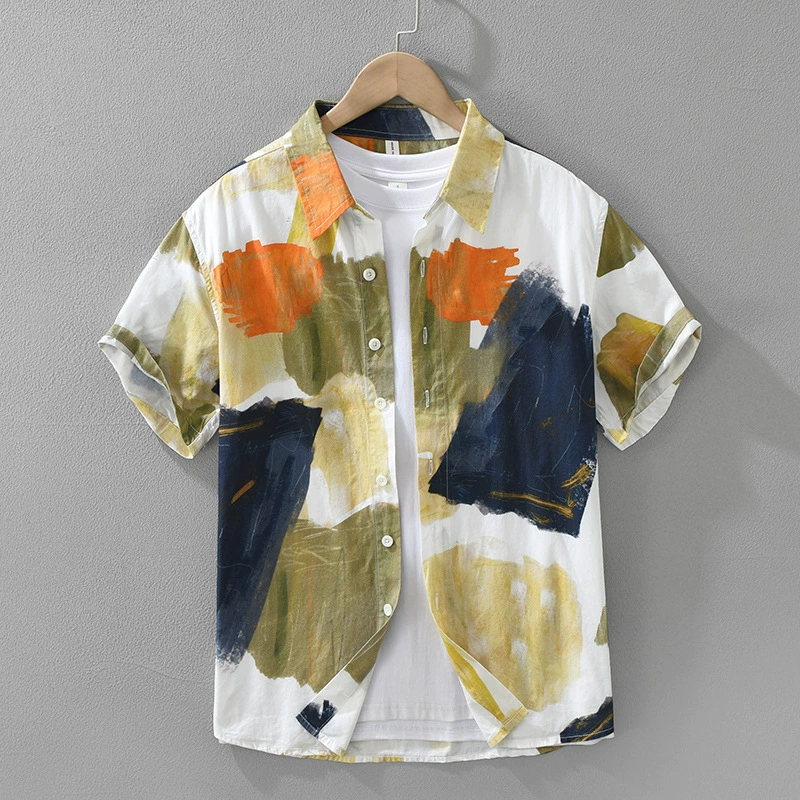 8167 Мужская модная универсальная художественная повседневная свободная рубашка с короткими рукавами и принтом в японском стиле, оптовая продажа