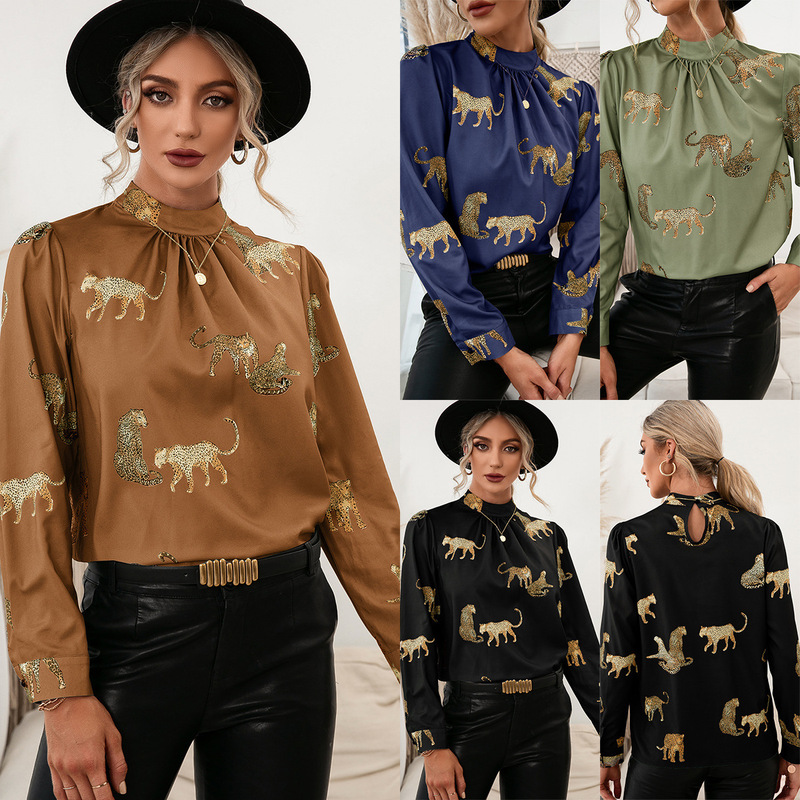 Amazon cross-border foreign trade spring and summer new European and American leopard printed shirt long sleeve pullover shirt top for women