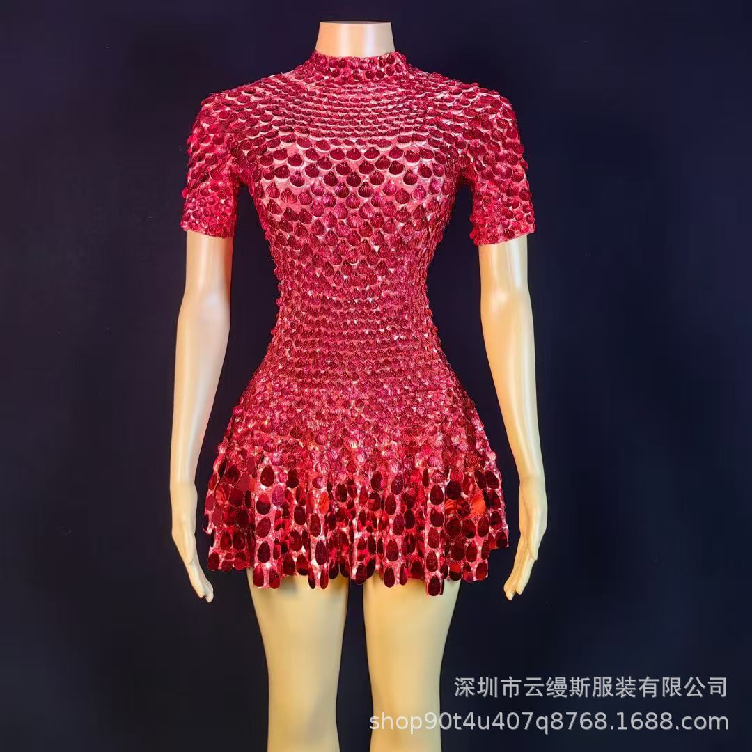 2026 New European and American Style Sequin Shell Dress Short-Sleeve Stand Collar Slim-Fit Short Stage Performance Outfit for Girl Groups