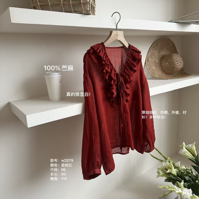 Xiaowenjie -W2579 Heavy-Duty Lace Patchwork Hand-Pressed Pleated Versatile Artistic Long-Sleeve Fashion Gentle Shirt