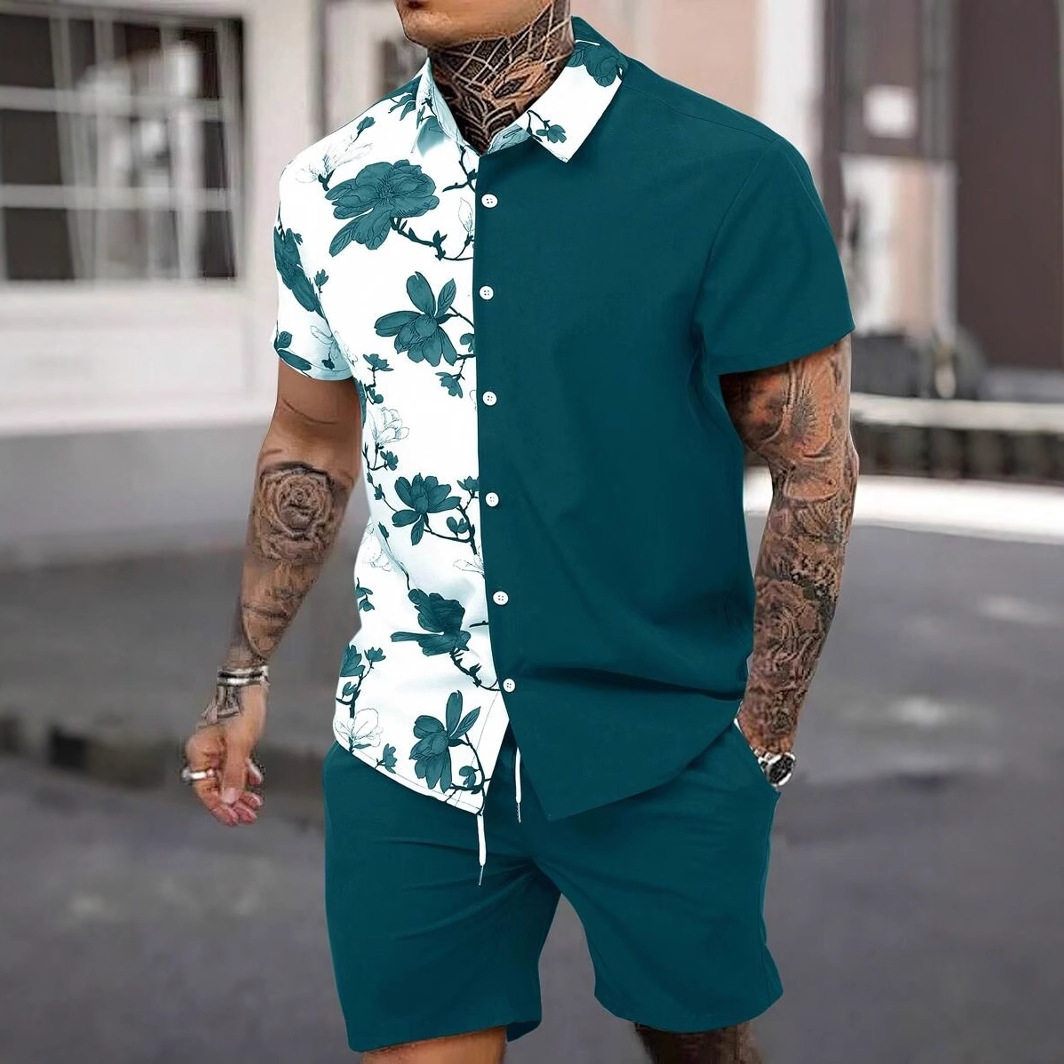 Ink Flower Colisions 3D Impresión digital Cross-border Xiyin Venta caliente Camisa de verano Pantalones cortos Conjunto Vacaciones en la playa