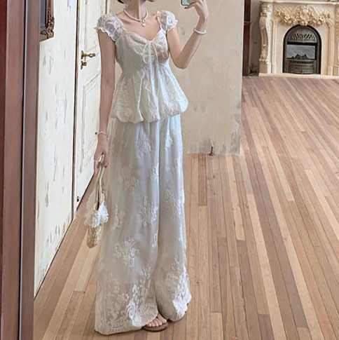 "Feather Wishing Pool" French Jacquard Heavy Short Sleeve Shirt Women's Summer Hollow Out Bud Top and Pants Set