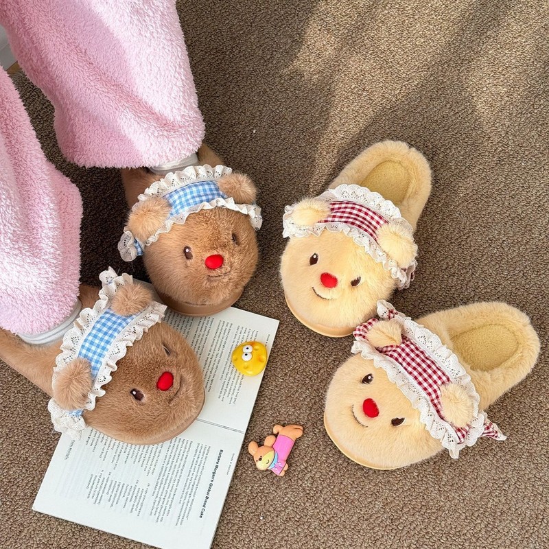 卡通立体小熊冬天加绒防滑家用毛毛拖鞋室内防滑保暖拖鞋女|undefined