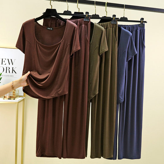 Outer Wear Modal Short-sleeved Pants Set Women's Summer Thin Home Wear Solid Color Slim Look Large Size Casual Two-piece Set