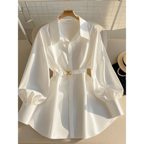 Autumn new style French temperament waist top fat light luxury high-end age-reducing white long-sleeved shirt for women