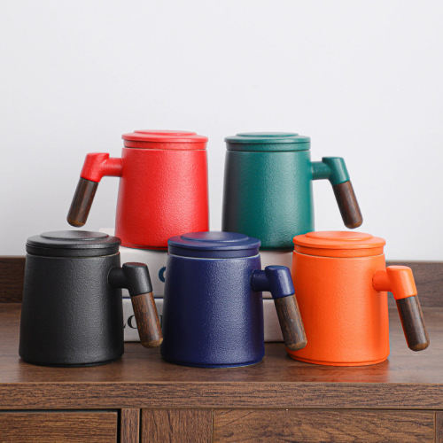 Creative Ceramic Office Cup with Wooden Handle, Lid, Tea Separation Filter Cup, Gift Box, Business Gift, Handout Gift