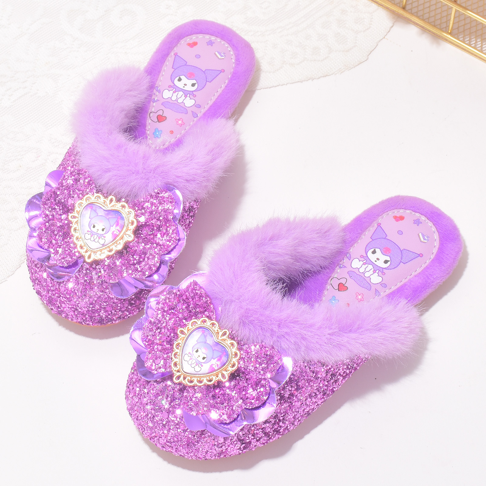 Girls Factory Wholesale Furry Slippers Winter Cute Children Princess Cotton Slippers Baby Girl Kuromi