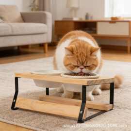 木质宠物猫碗架陶瓷双碗斜口护颈猫食盆架防打翻宠物猫碗猫咪喂食