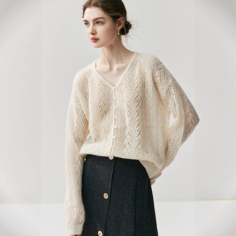 European and American Sexy Cashmere Knitted Cardigan for Women, Cashmere Light Cardigan, Cut Out Slightly See-Through Silk Velvet, Lazy Large Size