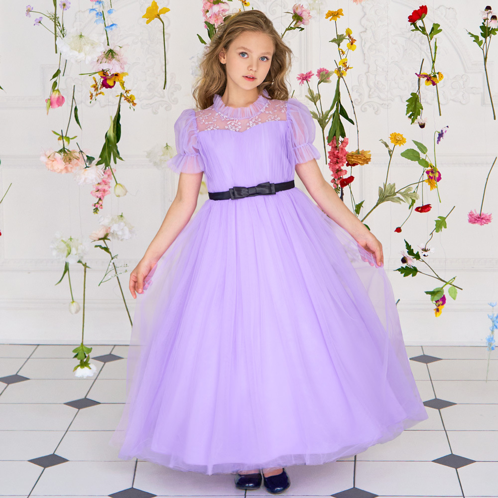 2024 nuevas niñas Vestido de manga burbuja princesa vestido de los niños anfitrión pasarela piano vestido de rendimiento vestido de estilo occidental