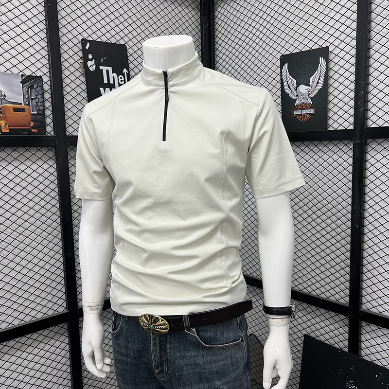 Men's Summer Sports T-Shirt Style High Neck Zipper Short Sleeve Fashionable Trendy Loose Top_viptrois.com