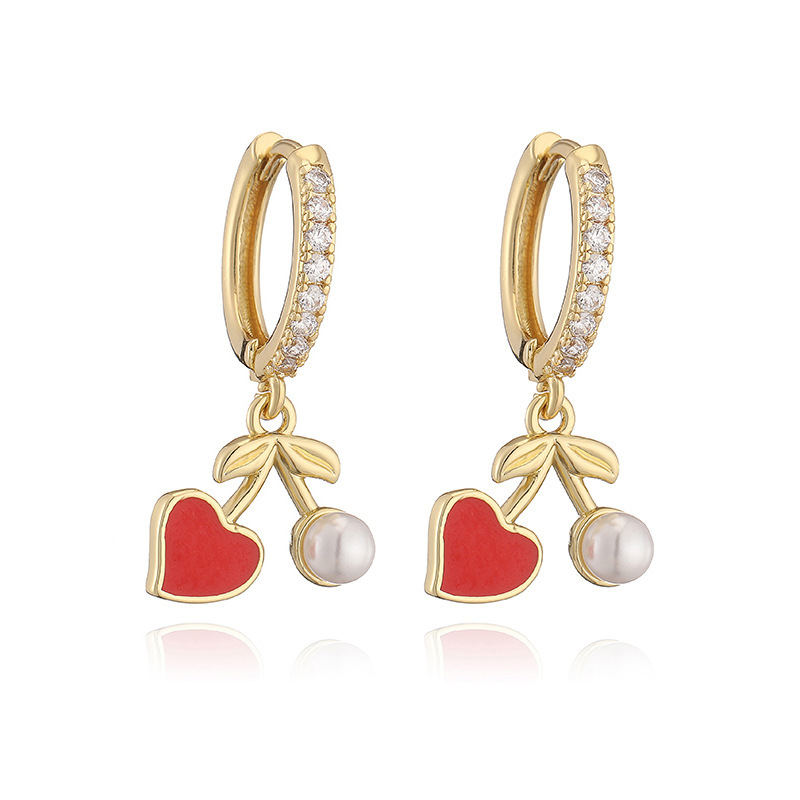 6g Weight Copper Ear Needle Material Zircon Inlay Material Charm Sleeper Hoop Earrings, Earrings Classification 1 Pair Quantity Holiday, Banquet, Daily Occasion Copper Material Cherry, Heart Shape Pattern Women's Gender Inlay Design Sweet Style 1 Pair Sweet Cherry Heart Shape Inlay Copper Zircon Earrings 13