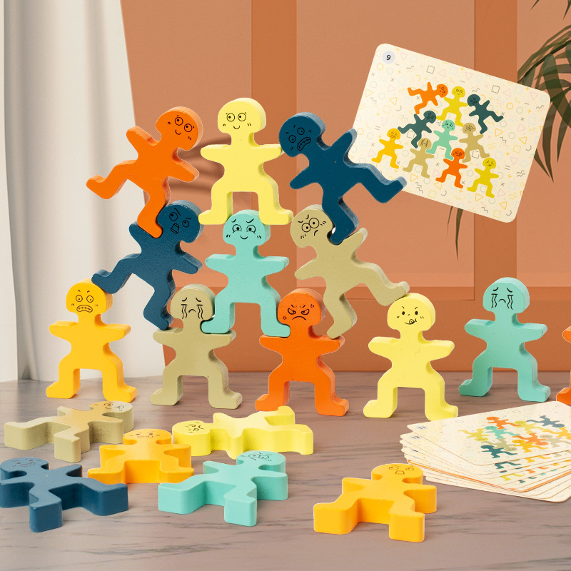 Cute Little Person Balance Stack and Play Children's Educational Wooden Stacking Toy for Early Learning and Matching Games
